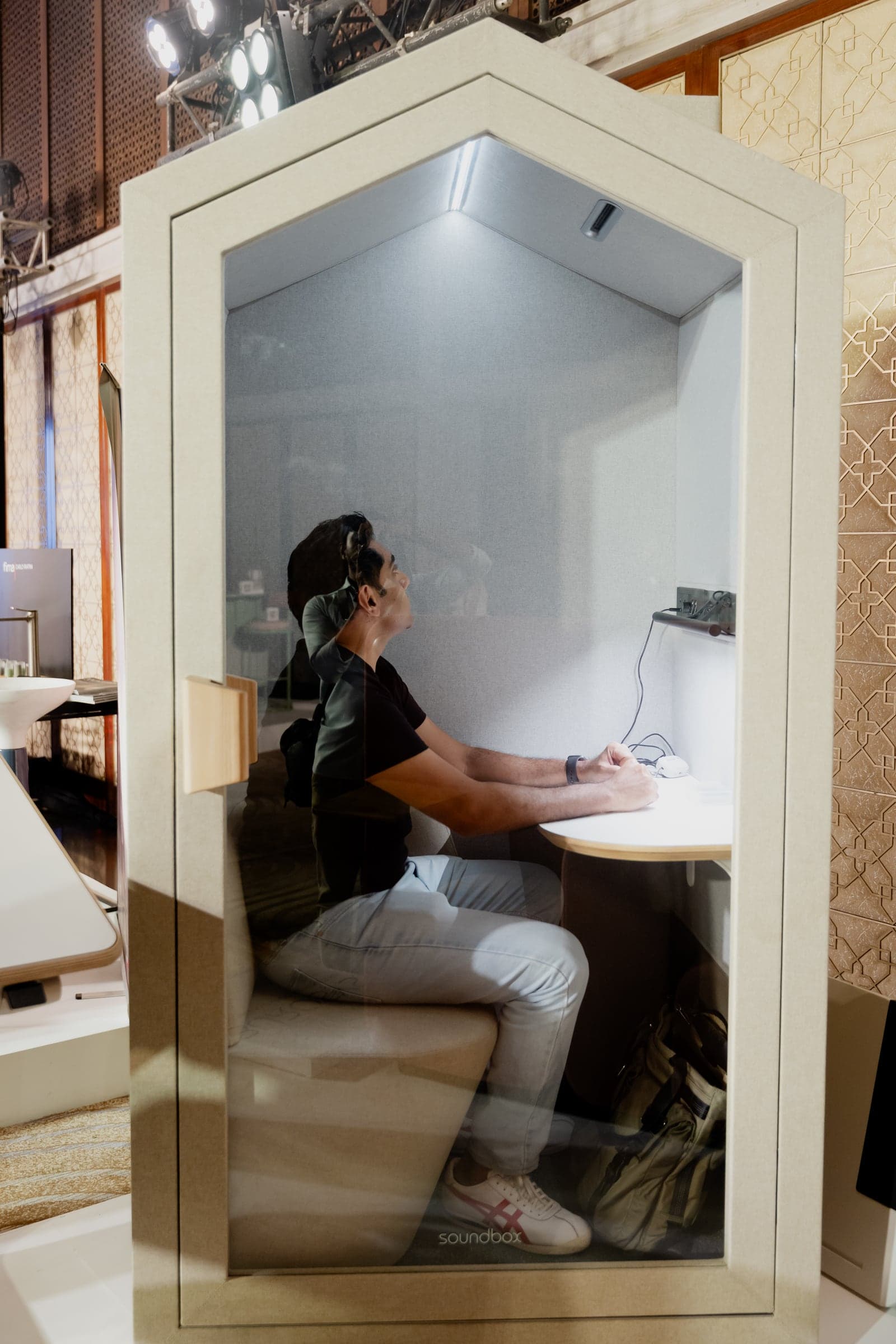 Soundbox privacy pod at an exhibition stall